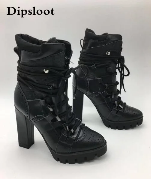 

Fall 2017 New Luxury Brand Women Black 130 mm Rope Lace-up Leather Platform Ankle Boots High Heel Short Booties Size 35-42
