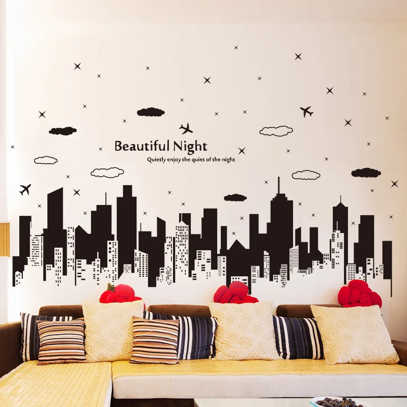 Image black dubai buildings shadow wall stickers decals modern city personality vinyl wallpaper mural man home room office salon decor