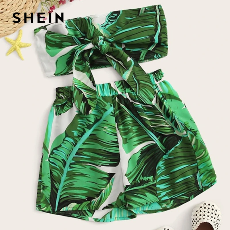 

SHEIN Kiddie Girls Tropical Print Tie Front Crop Top And Shorts Suit Set 2019 Summer Boho Beach Sleeveless Kids Two Piece Sets