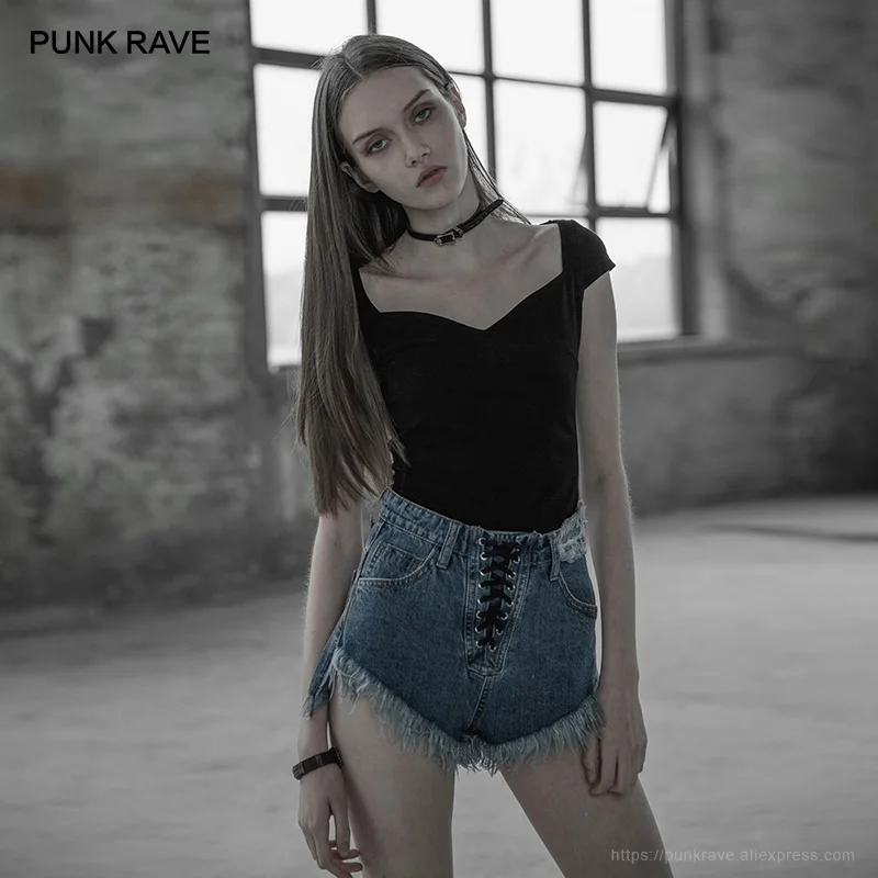 PUNK RAVE New Gothic Women's Black Big Collar Tight Knit Tees Short Sleeve T-shirt Punk Style Harajuku Simple Sexy Street wear
PUNK RAVE New Gothic Women's Black Big Collar Tight Knit Tees Short Sleeve T-shirt Punk Style Harajuku Simple Sexy Street wear