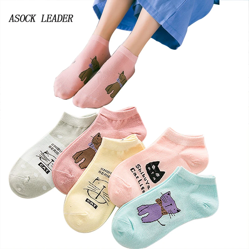 

5 Pairs/Lot 5 Colors Spring&Summer New Cotton Women's Sock Candy Color Cartoon Cat Short Sock Trendy Boat Socks