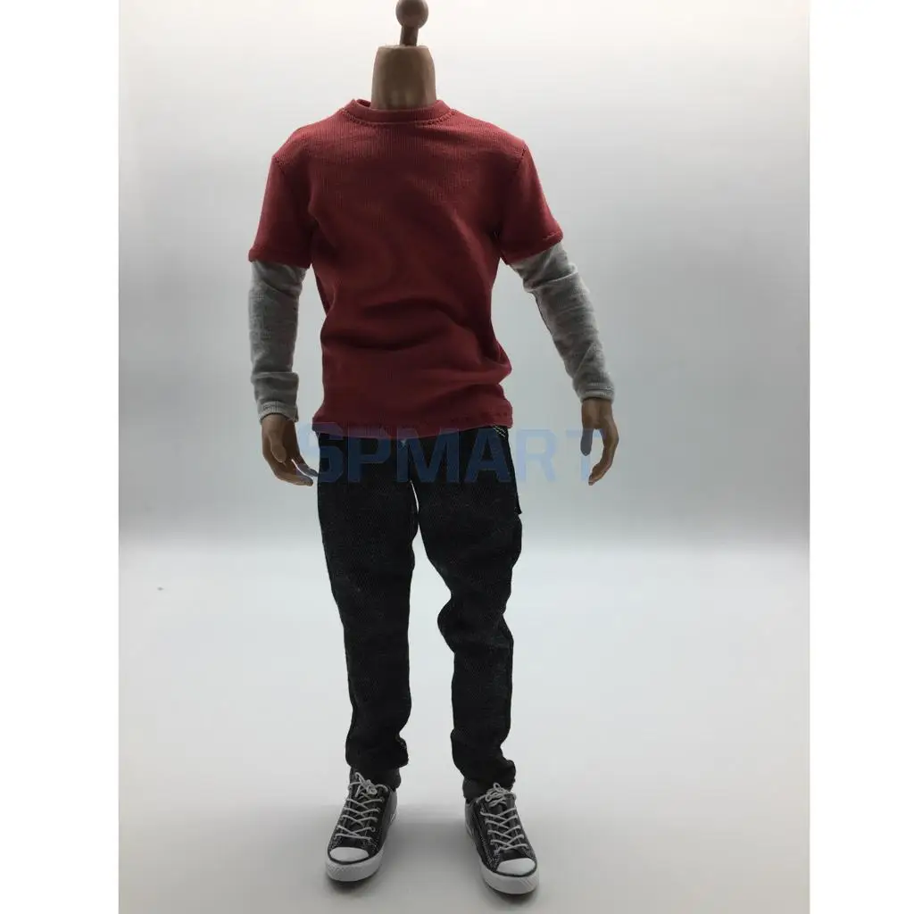 1/6 Scale Mens Outfits Clothes Red Long T-shirt Denim Jeans Hat and Shoes Set for 12inch Action Figure Accessories 1/6 Scale Mens Outfits Clothes Red Long T-shirt Denim Jeans Hat and Shoes Set for 12inch Action Figure Accessories