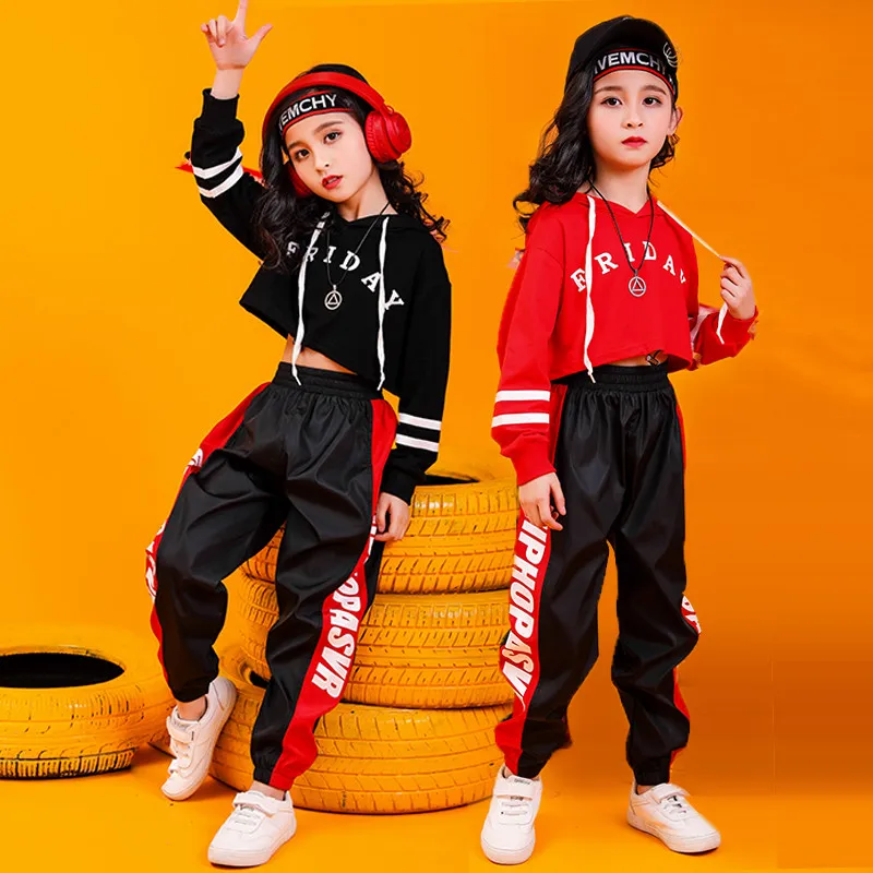 Jazz Dance Costumes Hip Hop Kids Long Sleeve Hooded Top Jogger Pants Girls Hiphop Clothes Street Dance Stage Show Wear (2)