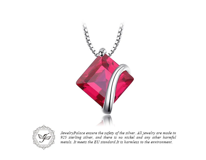 JewelryPalace Classic Square 3.3ct Created Red Ruby Pendant Charm 925 Sterling Silver Brand Wedding Fine Jewelry Without a Chain 19