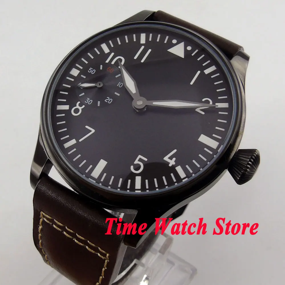 

Parnis 44mm black sterile dial PVD case brown cow leather strap hand winding 6497 men's watch 290
