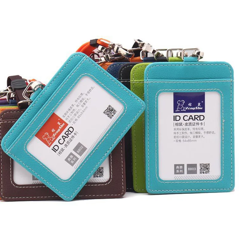 High Quality 1PCPU leather Work Name Card Holders with rope Business ID Badge Lanyard Holder Vertical Case | Багаж и сумки