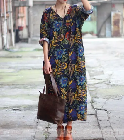 Chinese National Style Women Dress Retro literary V-neck Split Robe Dress Three Quarter Sleeve Cotton and Linen Dress 2019
Chinese National Style Women Dress Retro literary V-neck Split Robe Dress Three Quarter Sleeve Cotton and Linen Dress 2019