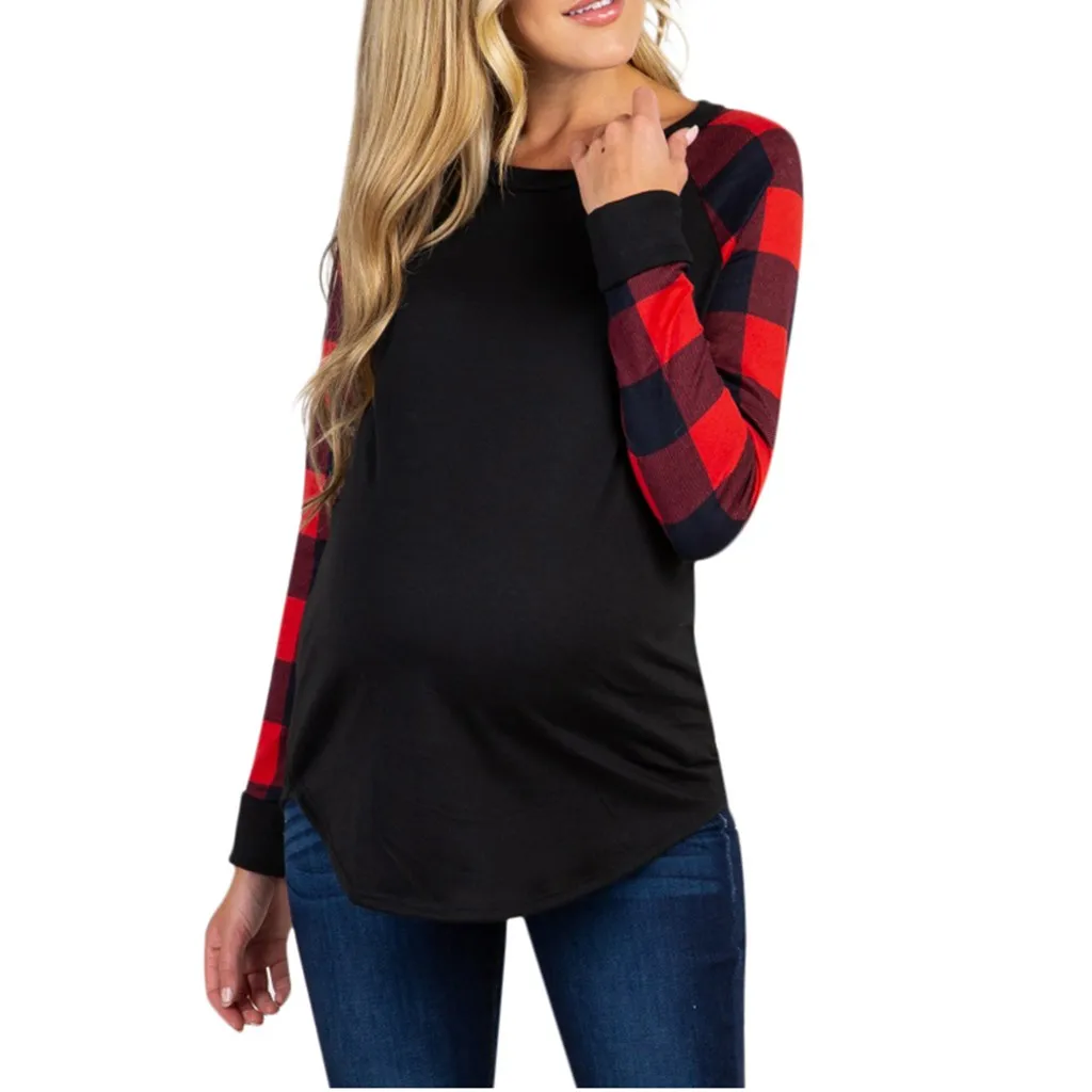 

Women Pregnant's Long Sleeve Splicing Plaid Pregnancy Shirt Maternity Clothes Nursing Top Breastfeeding Clothes Premama