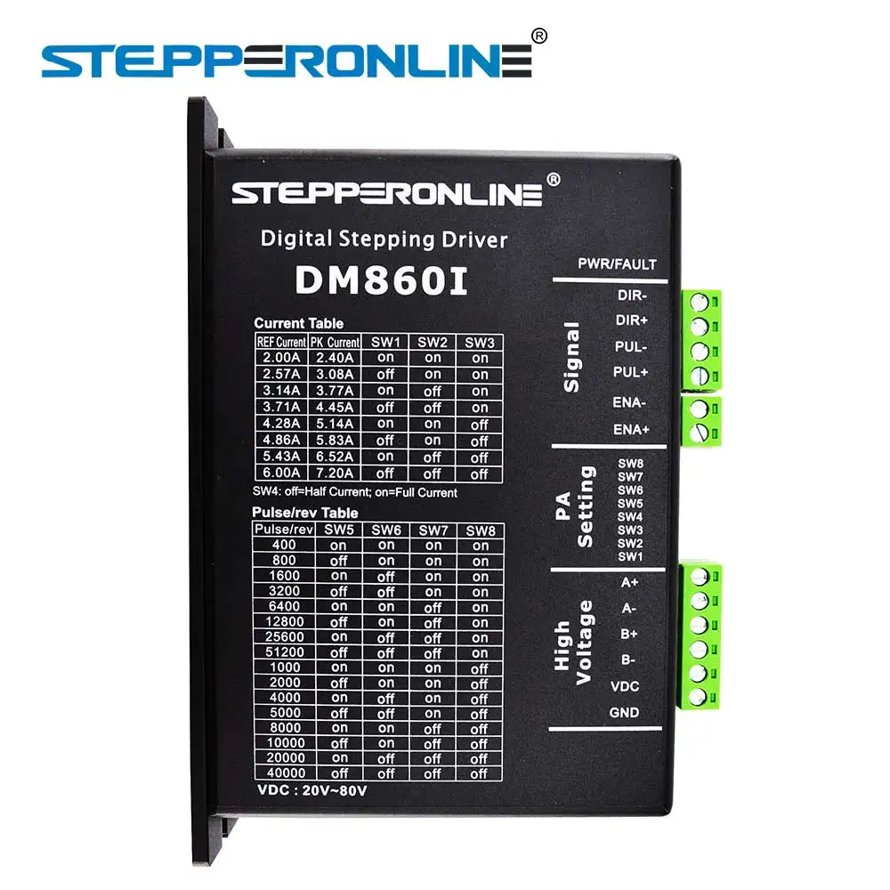 Digital Stepper Motor Driver 2.4-7.2A 20-80VDC Stepper Motor Controller for Nema 34 Stepper Motor DM860I
Digital Stepper Motor Driver 2.4-7.2A 20-80VDC Stepper Motor Controller for Nema 34 Stepper Motor DM860I