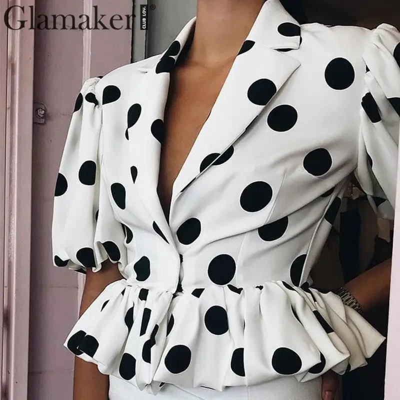 Glamaker Polka dot print ruffle peplum blouse shirt Women summer short sleeve white blouse Female vintage elegant top sexy shirt
Glamaker Polka dot print ruffle peplum blouse shirt Women summer short sleeve white blouse Female vintage elegant top sexy shirt