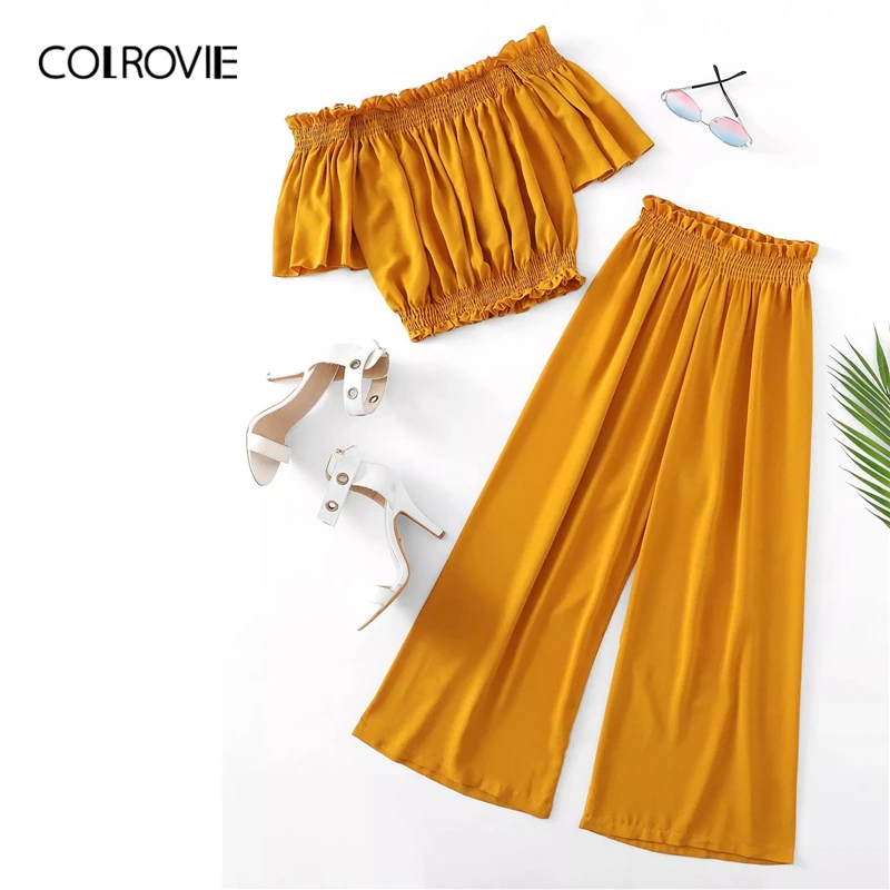 

COLROVIE Plus Size Ginger Off The Shoulder Lettuce Frill Casual Crop Top With Pants Women 2019 Summer Boho Ladies Clothes Sets