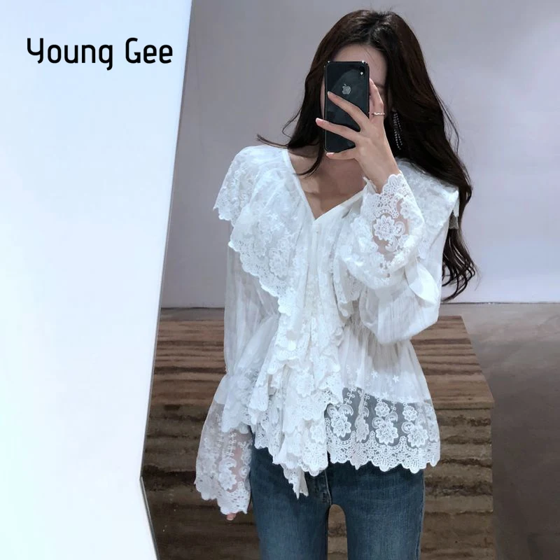 

Young Gee White Black Sheer V-neck Ruffles Tops Women Long Sleeve Blouses Vintage Sexy Mesh Floral Lace Shirts blusas feminina