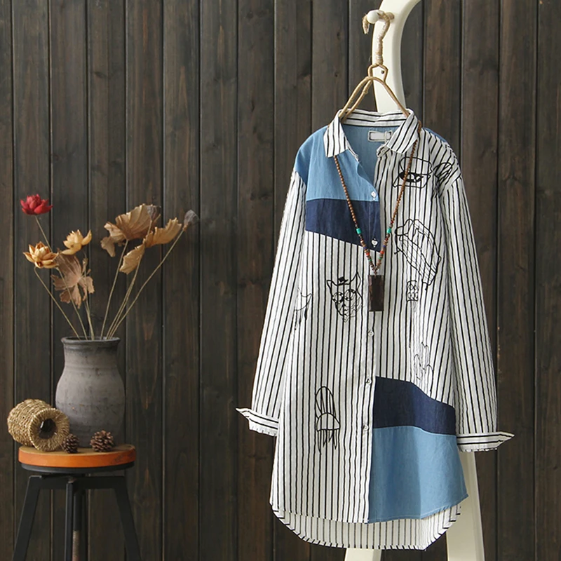2019 new 100% cotton women blouse and shirts turn-down collar long striped embroidery loose lady shirts outwear coat tops
2019 new 100% cotton women blouse and shirts turn-down collar long striped embroidery loose lady shirts outwear coat tops