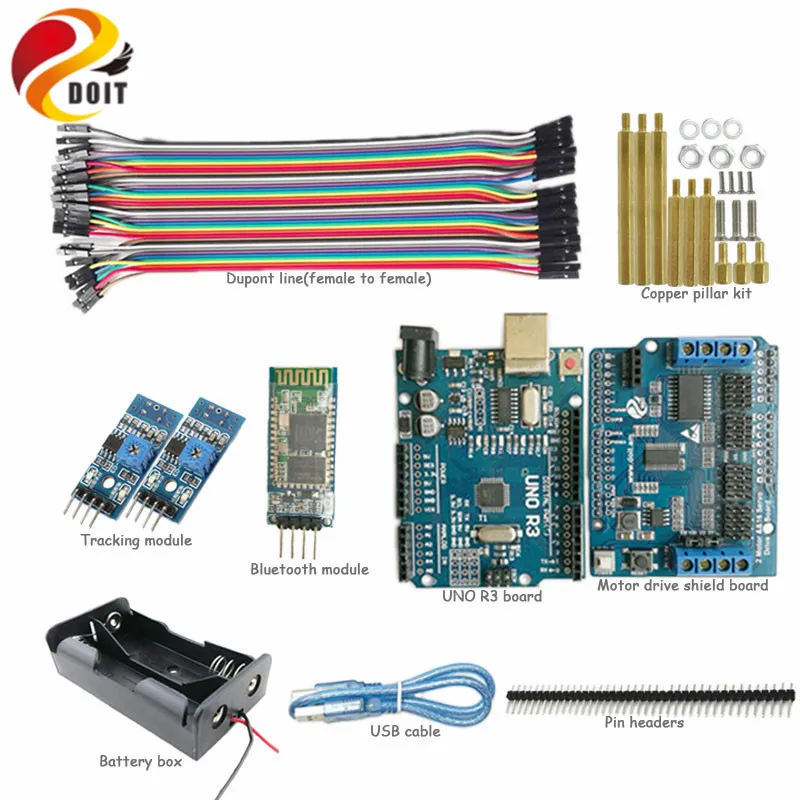 DOIT 1 set Bluetooth Control for Arduino Smart Car Chassis with UNO R3 board, Motor Drive Shield Board, Tracking Module
DOIT 1 set Bluetooth Control for Arduino Smart Car Chassis with UNO R3 board, Motor Drive Shield Board, Tracking Module