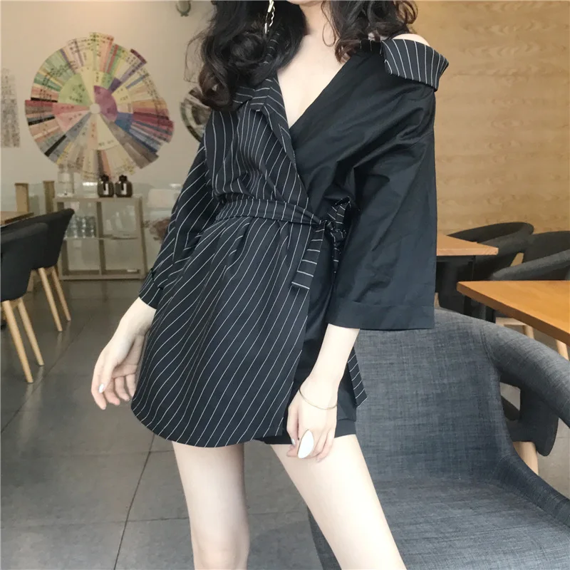 Striped Shirt Women Patchwork Irregular Blouses Off Shoulder V-Neck Lace Up Blouse 2019 Summer Fashion OL Lady Clothing
Striped Shirt Women Patchwork Irregular Blouses Off Shoulder V-Neck Lace Up Blouse 2019 Summer Fashion OL Lady Clothing