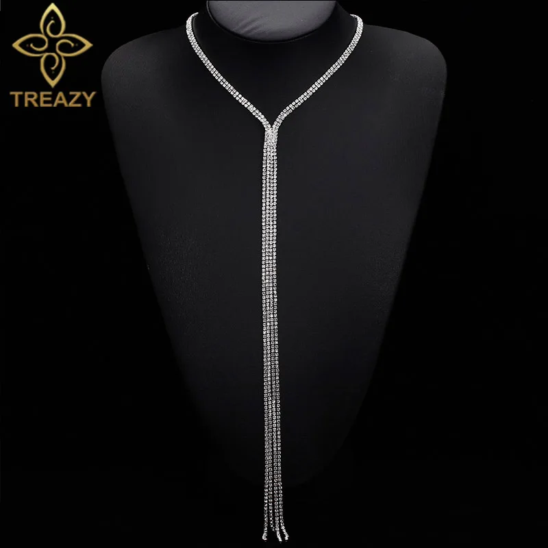 

TREAZY 2018 New Fashion Shining Rhinestone Crystal Choker Necklace Statement Long Tassels Collar Chokers Necklaces For Women