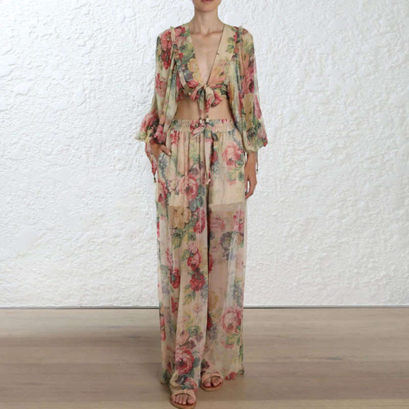 Luxury Designer Brand Set for Women V Neck Lantern Sleeve Printed Chiffon Tassel Top Wide Leg Pants 2 Piece Set Beach Vacation
Luxury Designer Brand Set for Women V Neck Lantern Sleeve Printed Chiffon Tassel Top Wide Leg Pants 2 Piece Set Beach Vacation