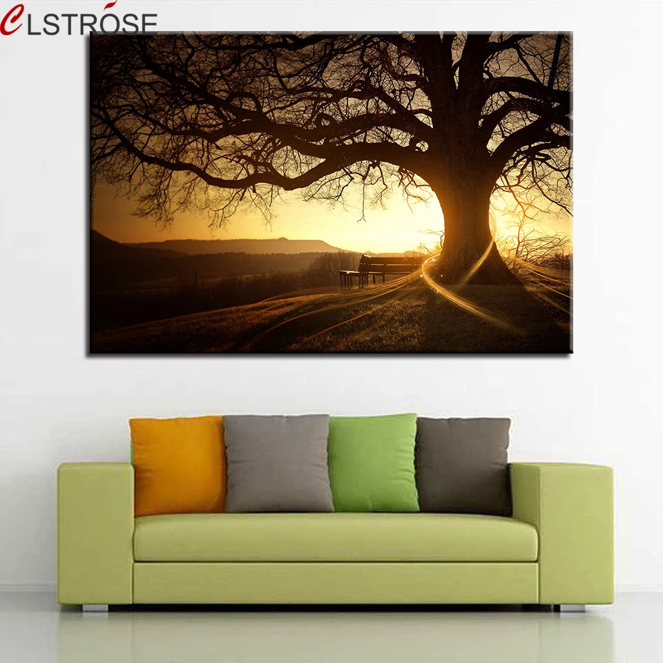 Canvas-Paintings-Home-Decor-1-Piece-Pcs-Big-Tree-Poster-HD-Prints-Sunset-Landscape-Pictures-For