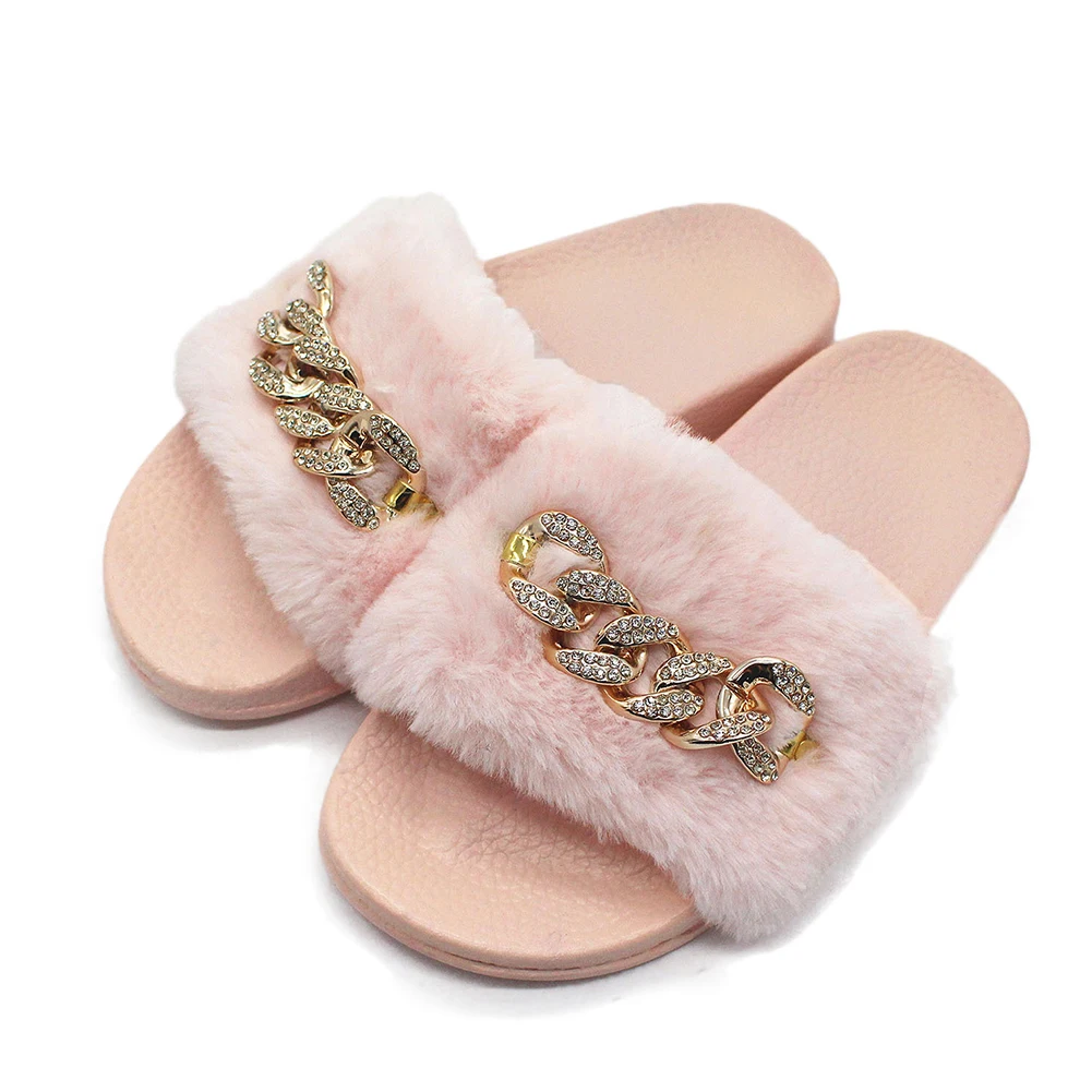 

Women Fur Slippers Fashion Diamante Chain Flip Flops Sandals Plush Warm Home Slippers Comfortable Woman Flats Beach Shoes