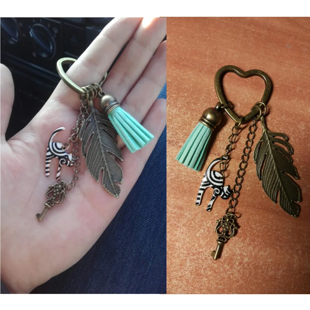 Doreen Box Antique Bronze Key Chains&Key Rings vintage feather heart Key Pendant Stripe Cat Tassel Pendants Mint Green Keychain 8