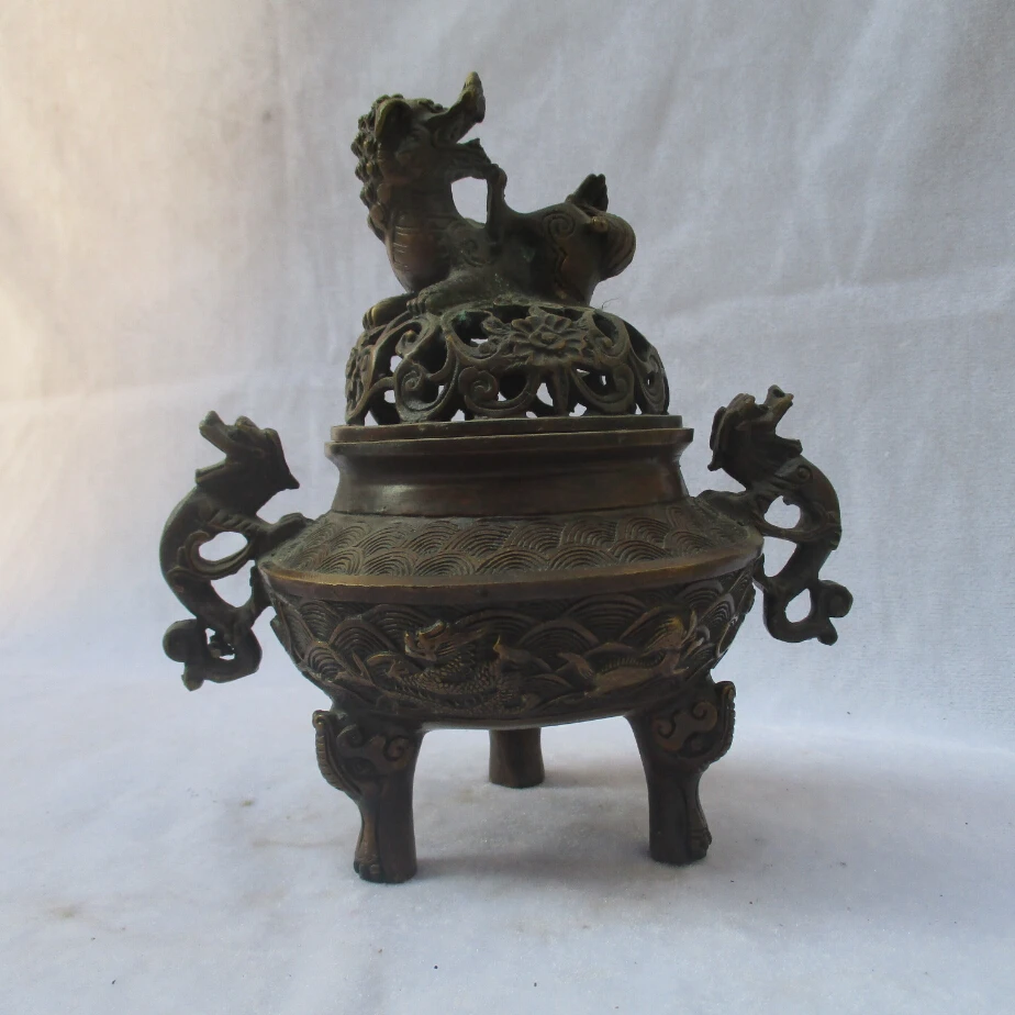 

Collectible Tibetan Old Copper Carved Lion Censer /Antique Metal Censer from Tibet 04