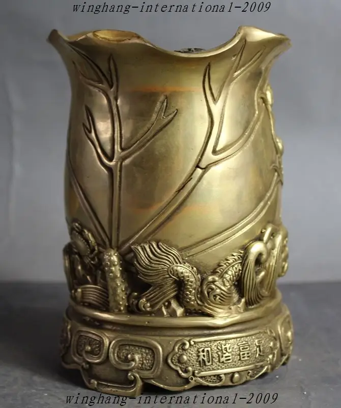 

Crafts statue Marked Chinese pure brass Fengshui Dragon Lotus crab brush pot pencil vase jar halloween