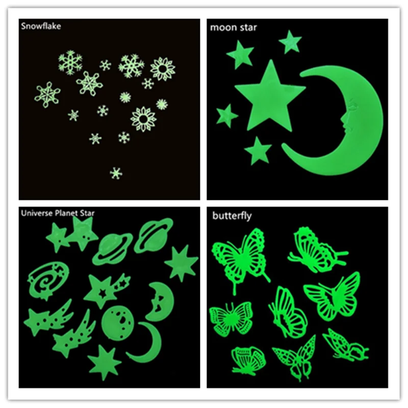 Fluorescent Stickers Snowflake/moon star/butterfly/Universe Planet Star Glow Dark Luminous Paste Ceiling Decoration
Fluorescent Stickers Snowflake/moon star/butterfly/Universe Planet Star Glow Dark Luminous Paste Ceiling Decoration