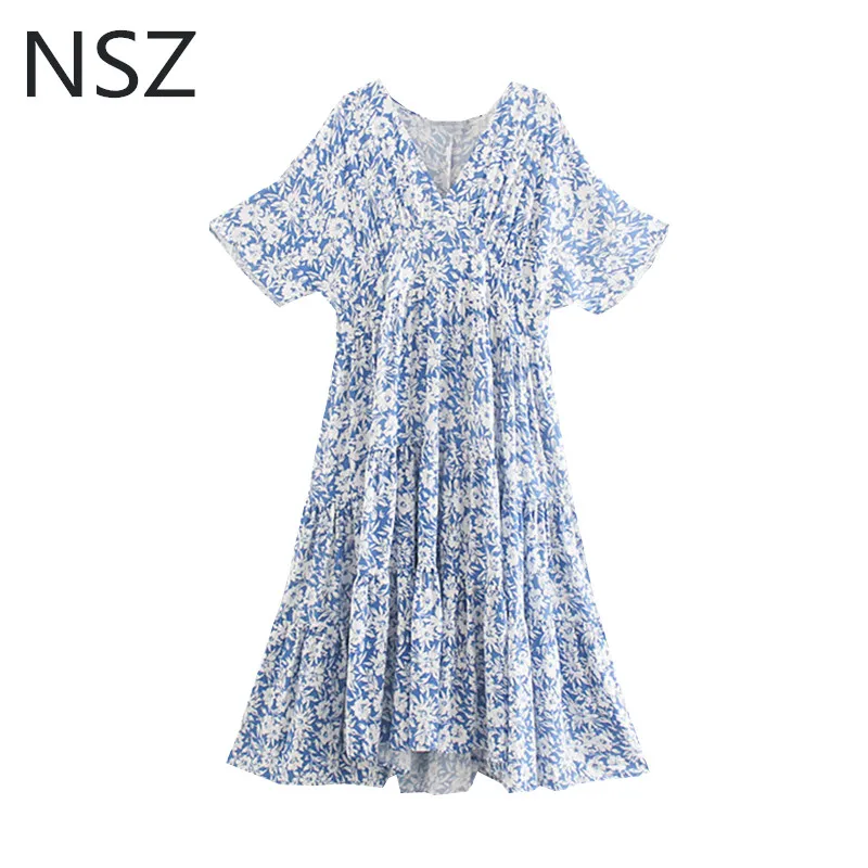 NSZ Women Blue Print Summer Dress Short Sleeve Maxi Dress Loose Casual V Neck Female Midi Dress
NSZ Women Blue Print Summer Dress Short Sleeve Maxi Dress Loose Casual V Neck Female Midi Dress