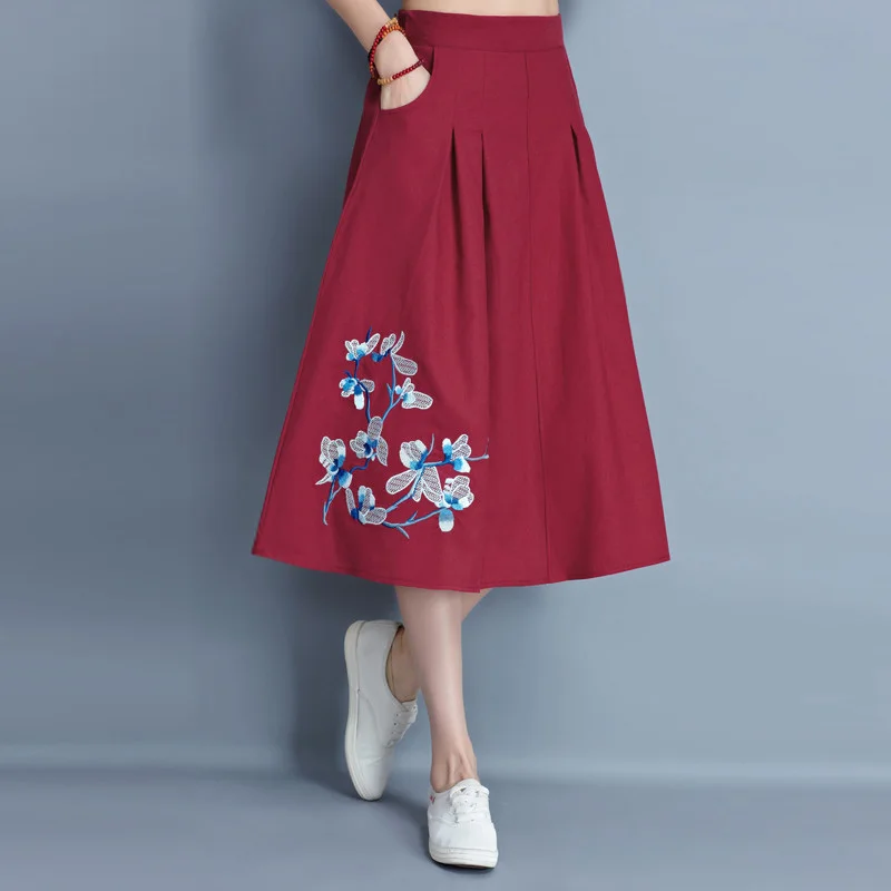 women Floral Embroidered long skirt lady girls Cotton Linen Chinese Style spring summer autumn pockets A-Line Mid-Calf skirt
women Floral Embroidered long skirt lady girls Cotton Linen Chinese Style spring summer autumn pockets A-Line Mid-Calf skirt
