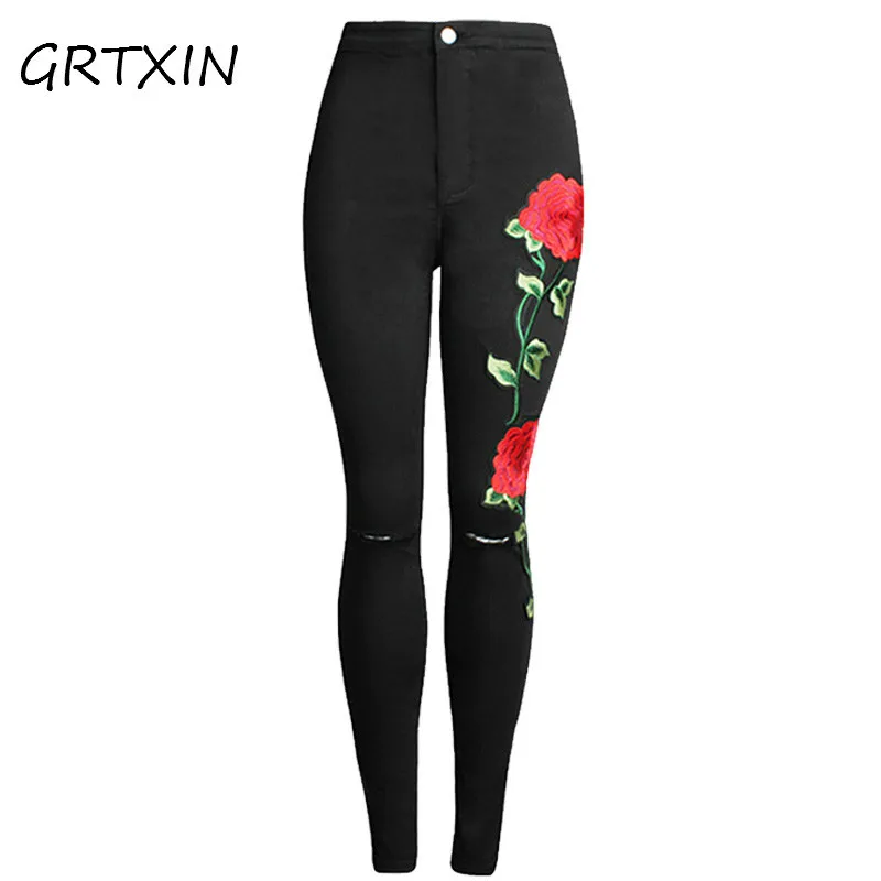 High Waist Ripped Knee Holes Denim Jeans Floral Embroidery Women's Stretchy Skinny Slim Pants Female Casual Pencil Jeans
High Waist Ripped Knee Holes Denim Jeans Floral Embroidery Women's Stretchy Skinny Slim Pants Female Casual Pencil Jeans
