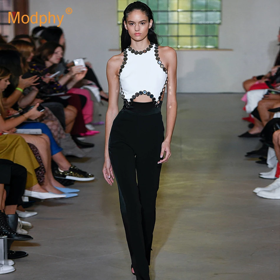 2019 new stitching women's bandage jumpsuit sleeveless halter sequins Bodycon nine points jumpsuit celebrity party jumpsuit 
2019 new stitching women's bandage jumpsuit sleeveless halter sequins Bodycon nine points jumpsuit celebrity party jumpsuit