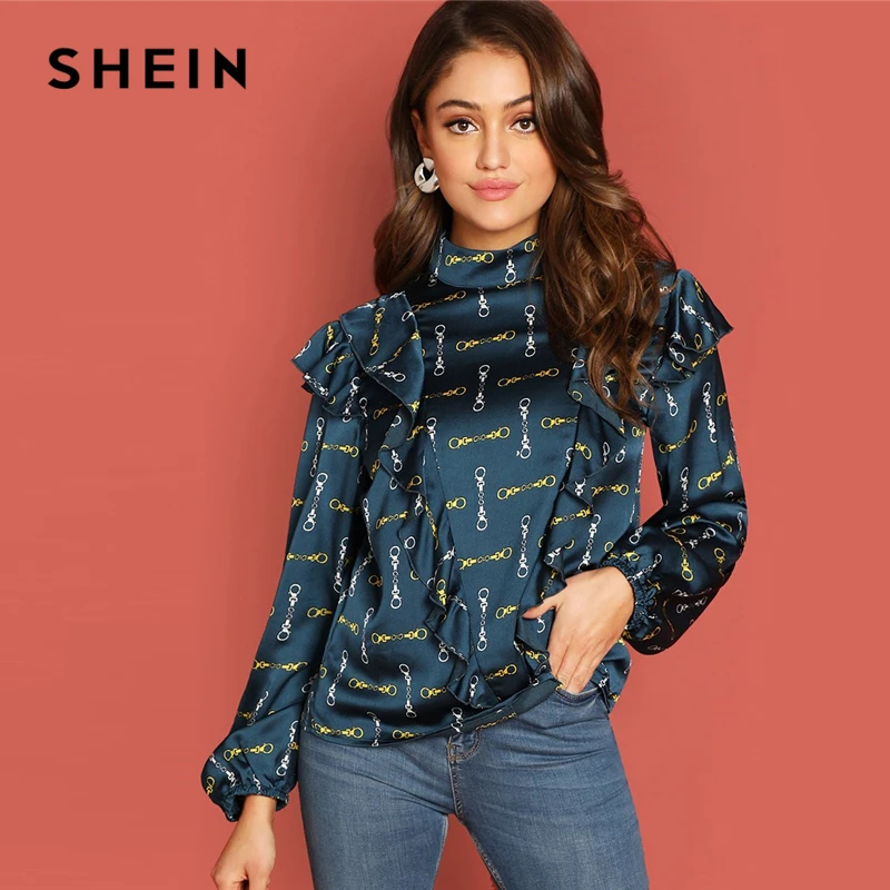 

SHEIN Blue Office Lady Elegant Ruffle Detail Mock-Neck Allover Print Long Sleeve Blouse Autumn Workwear Women Tops And Blouses