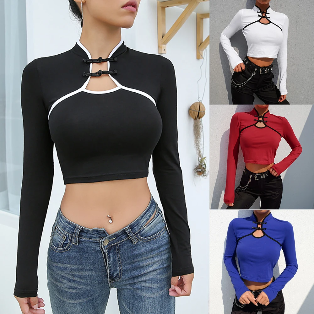 Chinese Style Women Crop Top Fashion Summer Autumn Long Sleeve Buckle Neck Tee Shirt Casual Female Tops Camiseta Mujer
Chinese Style Women Crop Top Fashion Summer Autumn Long Sleeve Buckle Neck Tee Shirt Casual Female Tops Camiseta Mujer