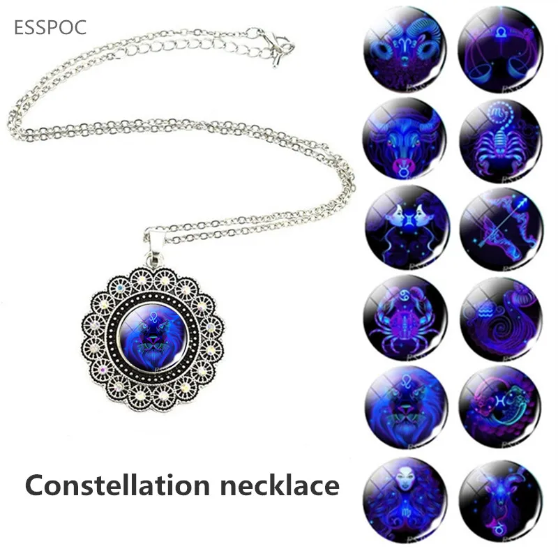 12 Constellation Necklace Silver Plated Women Glass Cabochon Charm Pendant Twelve Zodiac Sing Jewelry | Украшения и аксессуары