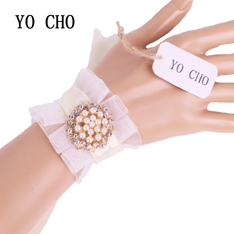 

YO CHO Graduation Girl Bracelet Bridesmaid Sisters Hand Flower Party Prom Bridal Wedding Ivory Ribbon Rhinestone Wrist Corsage