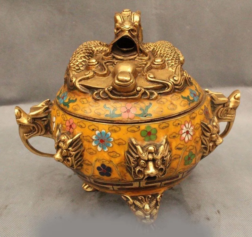 8" Chinese Dynasty Cloisonne Bronze Gild Dragon Handle Incense Burner Censer DSD66
8" Chinese Dynasty Cloisonne Bronze Gild Dragon Handle Incense Burner Censer DSD66
