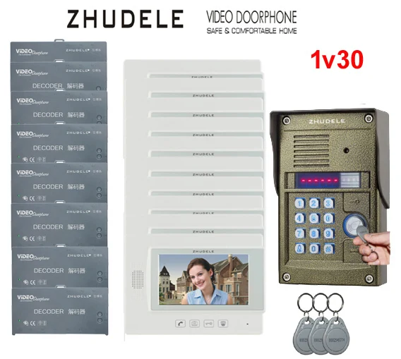 ZHUDELE Home security intercom System for 30 Units Apartments kit 7" Monitor Video Door Phone Bell Password and ID card |