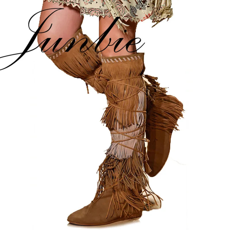 JUNBIE New Khaki Genuine Leather Gladiator Fringe Lace Up Knee HIgh Winter Boots Round Toe Low Heel Women Warm Boots Shoes Women