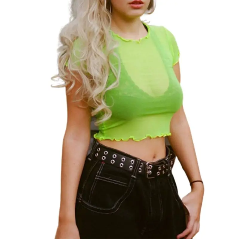 Women Short Sleeves Sexy Hollow Sheer Mesh Crop Top Agaric Ruffles Fluorescent Bright Color Slim T-Shirt O-Neck Party Streetwear
Women Short Sleeves Sexy Hollow Sheer Mesh Crop Top Agaric Ruffles Fluorescent Bright Color Slim T-Shirt O-Neck Party Streetwear