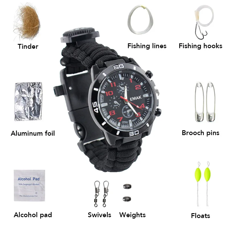Outdoor Survival Watch for Men Women Multi-functional Camping Tool Fishing Kit Compass Thermometer Knife Paracord Whistle Tools
Outdoor Survival Watch for Men Women Multi-functional Camping Tool Fishing Kit Compass Thermometer Knife Paracord Whistle Tools