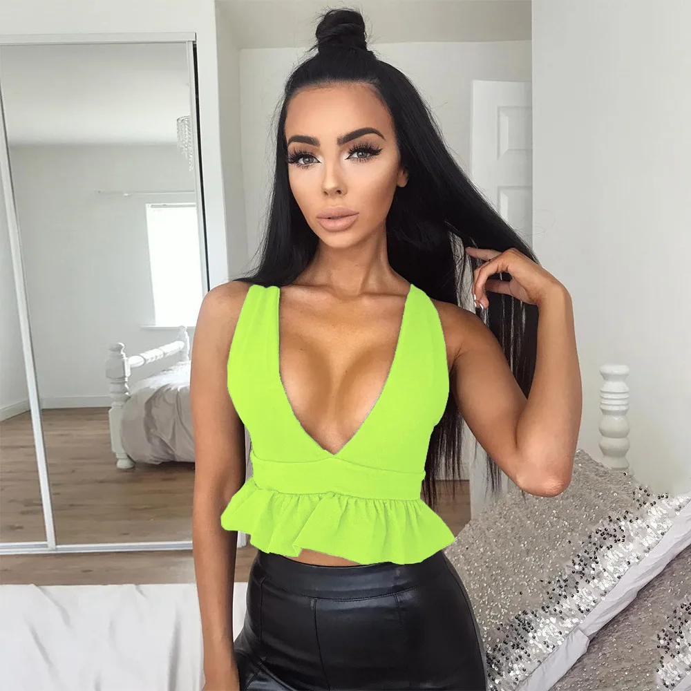 Ruffles Deep V Neck Backless Neon Sexy Crop Top Women Summer Casual Tank Top Sexy Tops Sleeveless Backless camisole feminino
Ruffles Deep V Neck Backless Neon Sexy Crop Top Women Summer Casual Tank Top Sexy Tops Sleeveless Backless camisole feminino