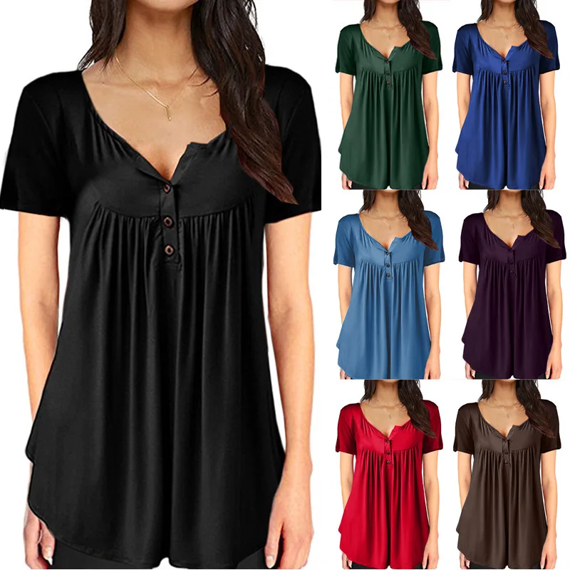 LiuLi Tree 2019 Summer Ladies Solid Color Explosion Models Pleated Buttons Loose Short-sleeved T-shirt Shirt Women
LiuLi Tree 2019 Summer Ladies Solid Color Explosion Models Pleated Buttons Loose Short-sleeved T-shirt Shirt Women