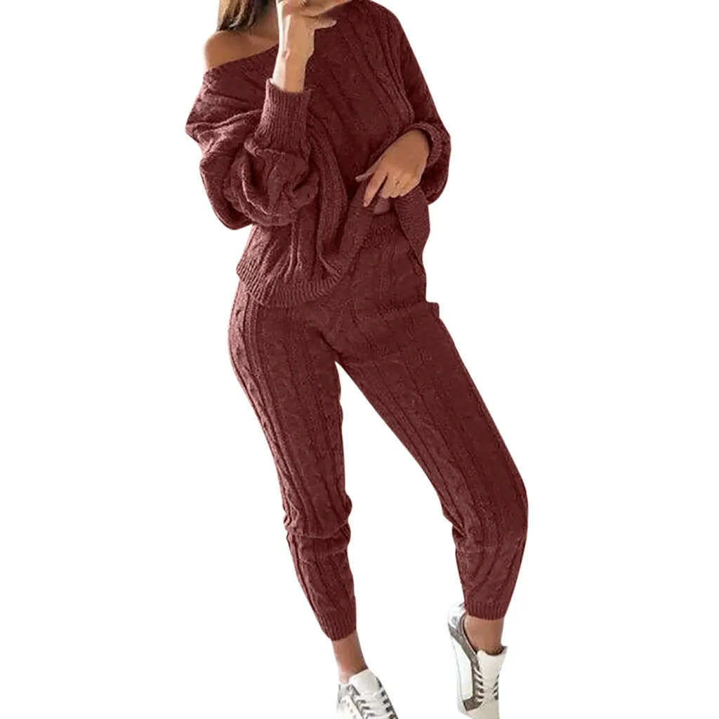 Hot Selling Sexy Female Autumn Winter Fashion New Womens Ladies Solid Off Shoulder Cable Knitted Warm 2PC Loungewear Suit Set
Hot Selling Sexy Female Autumn Winter Fashion New Womens Ladies Solid Off Shoulder Cable Knitted Warm 2PC Loungewear Suit Set