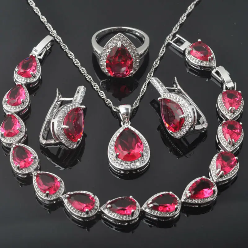 FAHOYO Rose Red Zircon Water Drop 925 Sterling Silver For Women Jewelry Sets Bracelet Necklace Pendant Earrings Ring QS0357
FAHOYO Rose Red Zircon Water Drop 925 Sterling Silver For Women Jewelry Sets Bracelet Necklace Pendant Earrings Ring QS0357