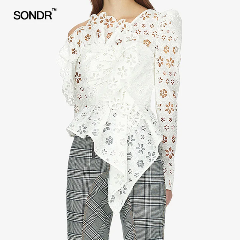 SONDR Sexy Off Shoulder Asymmetrical Womens Shirt Blouse Long Sleeve Hollow Out White Lace Tops Female Elegant Summer
SONDR Sexy Off Shoulder Asymmetrical Womens Shirt Blouse Long Sleeve Hollow Out White Lace Tops Female Elegant Summer
