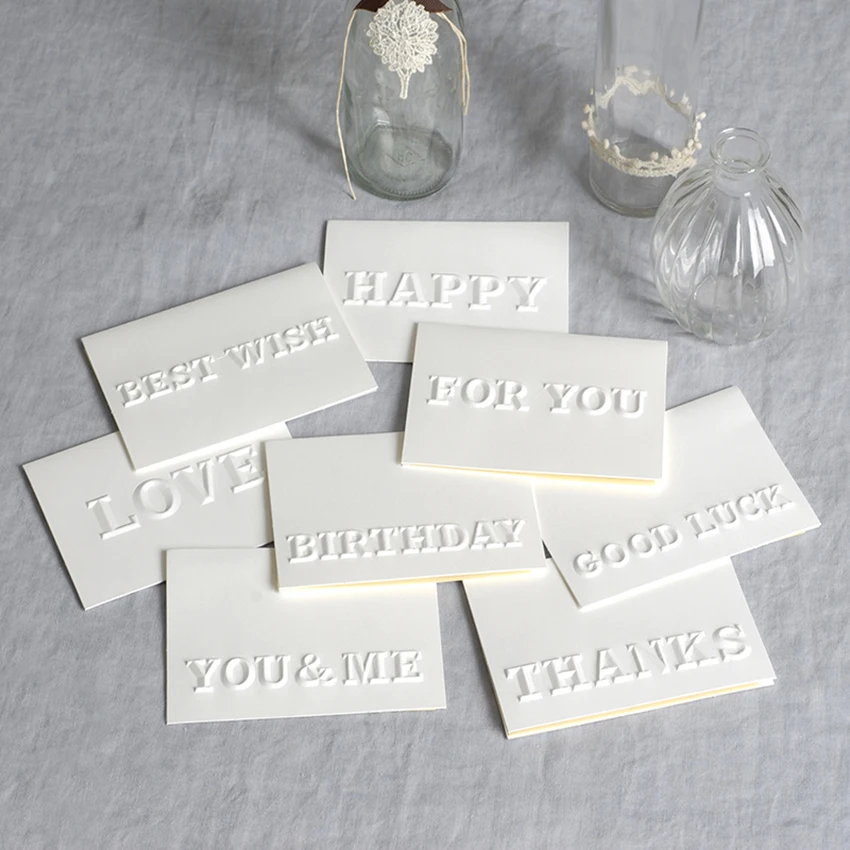 White Letter Embossed Folder Card with Kraft Envelope BEST WISH/ BIRTHDAY/ FOR YOU/ GOOD LUCK/ HAPPY/ THANKS/ YOU&ME Mini Gift
White Letter Embossed Folder Card with Kraft Envelope BEST WISH/ BIRTHDAY/ FOR YOU/ GOOD LUCK/ HAPPY/ THANKS/ YOU&ME Mini Gift