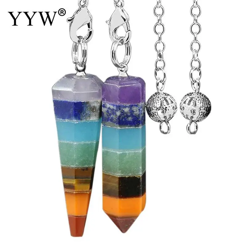

YYW 2019 Hot Reiki Charm Pyramid 7 Colors Natural Gem Stone Rainbow Layered Dowsing Healing Point Pendant Chain Pendulum Gifts