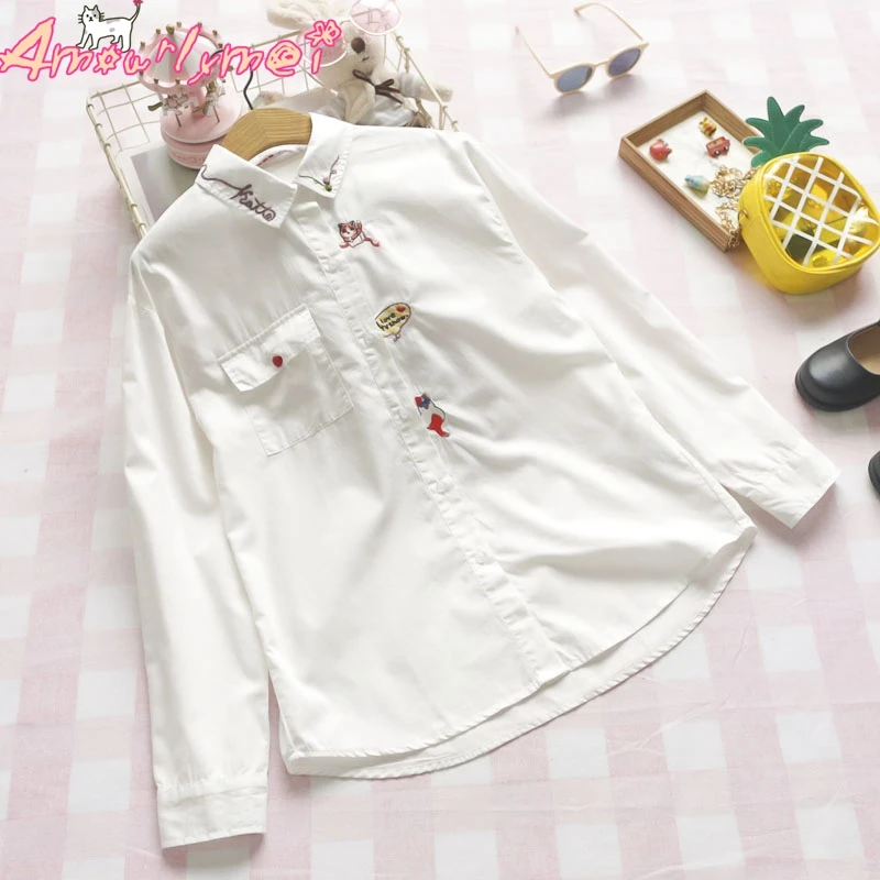 Japanese Mori Girl Cute Cartoon Cat Embroidery Lapel Cotton Linen Long Sleeve Shirt Female Blusas 2019 Spring Women Blouse Tops
Japanese Mori Girl Cute Cartoon Cat Embroidery Lapel Cotton Linen Long Sleeve Shirt Female Blusas 2019 Spring Women Blouse Tops