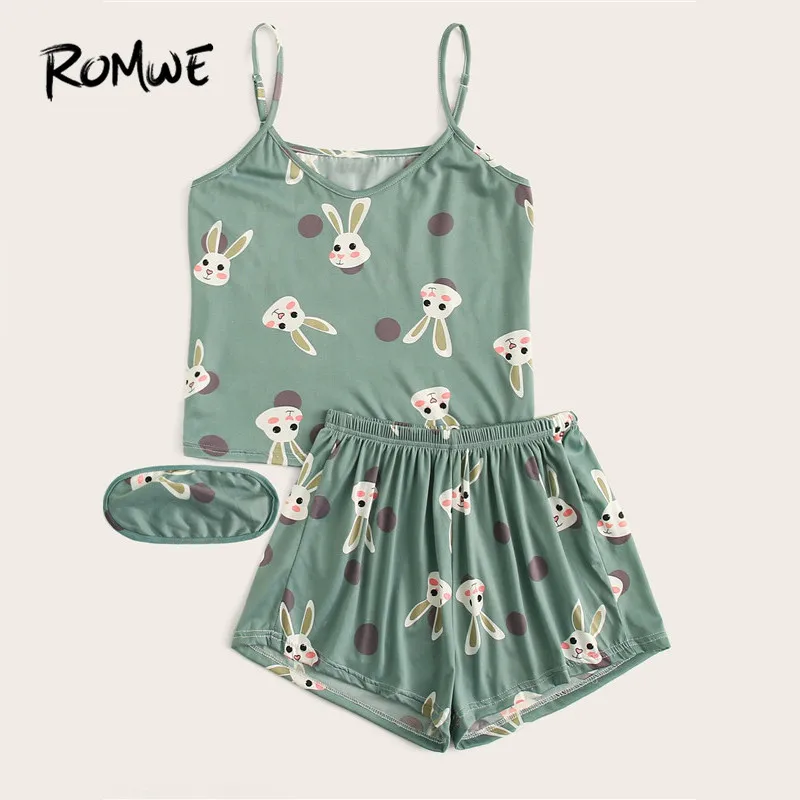 ROMWE Rabbit Print Polka Dot Cami Womens Sleepwear Shorts Set With Eye Mask Summer Green Pajamas Cartoon Women Sleep Wear
ROMWE Rabbit Print Polka Dot Cami Womens Sleepwear Shorts Set With Eye Mask Summer Green Pajamas Cartoon Women Sleep Wear