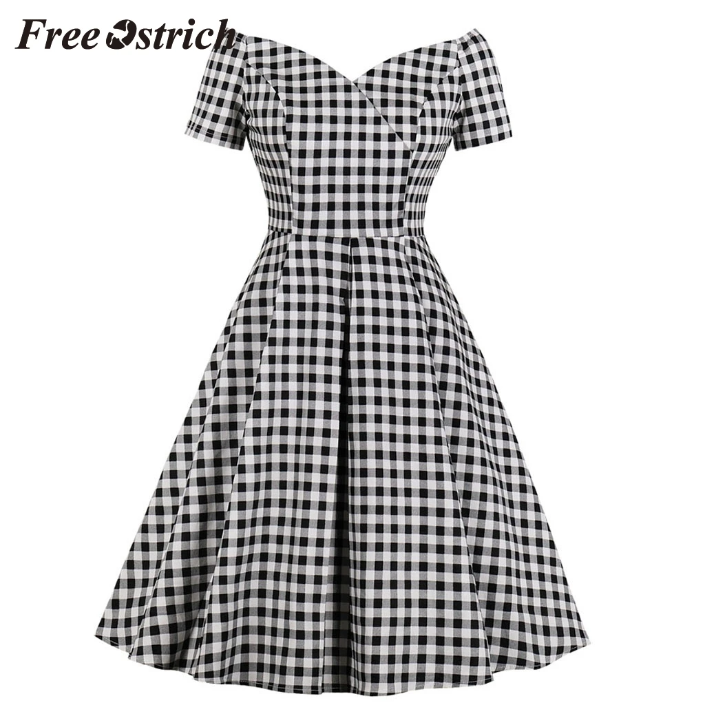 

Free Ostrich 2019 Casual Slash Neck Daily Wearing Dress Women Short Sleeve Plaid Printing Vintage Evening Party Midi Swing Dress